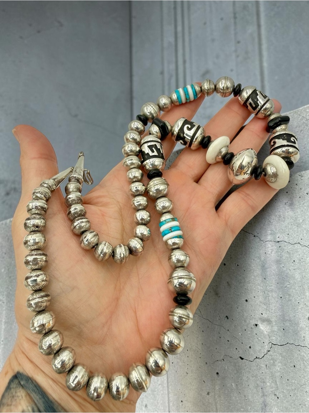 Thomas Singer Navajo Sterling Silver Turquoise Onyx MOP Bead Necklace 24” 74gram - Picture 6 of 17
